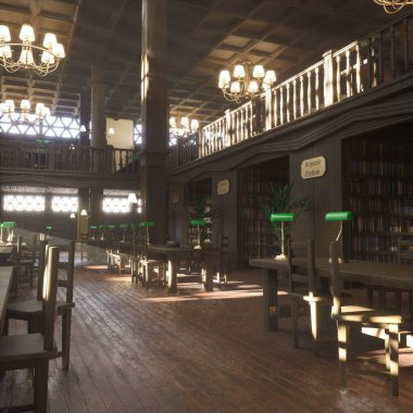 Boş koltukları, masaları ve fayanslı zeminde hafif ışığı olan geniş bir üniversite kütüphanesi. Süslemeleri, ahşap rafları ve öğrenci odaklı sakin atmosferi olan eski kütüphane öğrenme odası