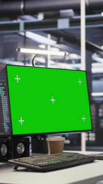 Yapay zeka sistemi izleme ve performans takibi için kullanılan yüksek teknoloji veri merkezindeki dikey video Mockup bilgisayarı. Bilgisayar işlemlerinde yer alan sunucu donanımlarını denetleyen yeşil ekran PC