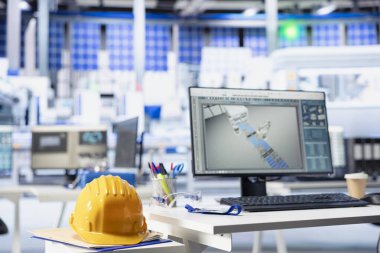 Üretim hatları tasarlamak için kullanılan fotovoltaik fabrikasında bilgisayar ekranındaki CAD programı. Boş güneş panellerindeki bilgisayar monitörlerindeki simülasyon yazılımı sarı başlığın yanına yerleştirildi