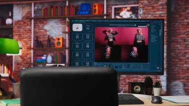 Ofisteki bilgisayar, metni fotoğraf çıktısına çeviren programı gösteriyor. Konforlu, parlak bir dairede bilgisayar ekranında görüntü üretken yapay zeka yazılımı metni