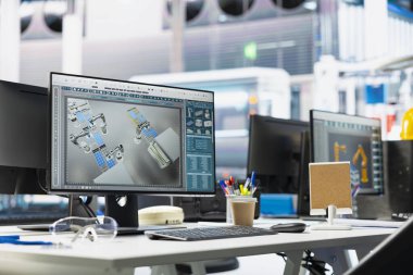 Robot kollarının performansını yöneten fotovoltaik fabrikasındaki monitörler güneş panellerini montaj hatlarına yerleştiriyor. Güneş pili makinelerinin geliştirilmesi için kullanılan boş tesisteki bilgisayar ekranı.