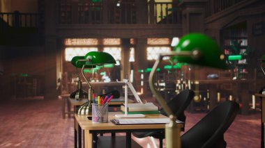 Tarihi mimari ve çalışma masalarıyla tasarlanmış profesyonel kütüphane alanı, araştırma ve akademik çalışmalar için sofistike ve barışçıl bir ortam sunan klasik estetikler. Rafine edilmiş boşluk.