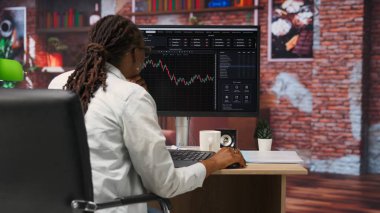 Borsa simsarı hisse senedi alıp satmak için bilgisayar kullanıyor. Kârın nasıl maksimuma çıkarılacağını öğrenmek için doküman dosyalarına göz atıyor. Yatırımcı bilgisayar monitöründeki borsa grafiklerine bakıyor, kamera B