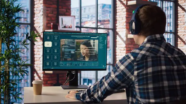 Ofisteki adam üretici yapay zeka web sitesi kullanarak difüzyon modelleri kullanarak video üretiyor. Kulaklık takan kişi yapay zeka sanal asistanı kullanarak onun için klip hazırlıyor. Kamera A.