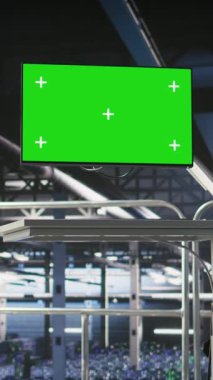 Dikey video Endüstriyel Veri Merkezi Kontrol İstasyonu yeşil ekran sunucuların makine öğrenme analitiğini gösteriyor. Sinirsel ağ teşhislerini gösteren krom anahtar monitörü