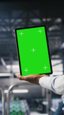 Yalıtılmış ekran tableti kullanarak sunucu merkezi yönetiminin dikey videosu AI LLM görselleştirmesini gözden geçiren meslektaşın yanında. Veri merkezi çalışanı makine öğrenme sistemlerini izlemek için model aygıtı kullanıyor