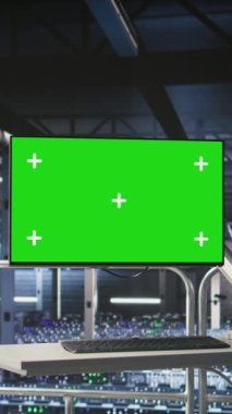 Yapay zeka sistemi izleme ve performans takibi için kullanılan yüksek teknolojili endüstriyel veri merkezindeki dikey video Mockup bilgisayarı. Bilgisayar işlemlerinde yer alan sunucu dolaplarını denetleyen yeşil ekran PC