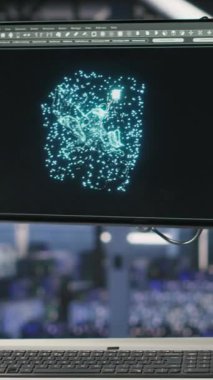 Sunucu merkezindeki endüstriyel platformdaki dikey video otomatik altyapı çalışma istasyonu yapay zeka makine öğrenme senaryolarını gösteriyor. Veri merkezindeki bilgisayar sinirsel ağ etkinliğini gösteriyor