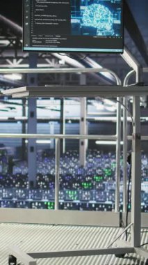 Veri merkezi endüstriyel platformunda yapay zeka eğitimi için donanım statüsünü gösteren dikey video monitörü. Workstation ekran izleme sunucuları işleme makinesi öğrenme verileri