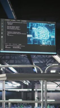 Dikey video endüstriyel veri merkezi kontrol istasyonu ekranı sunucuların yapay zeka uygulamalarına güç verdiğini gösteriyor. Nöral ağ teşhisi ve altyapısını gösteren monitör