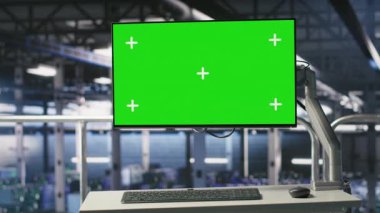 Yapay zeka sistemi izleme ve performans takibi için kullanılan yüksek teknoloji endüstriyel veri merkezindeki model bilgisayar. Bilgisayar işlemlerinde yer alan sunucu dolaplarını denetleyen yeşil ekran PC