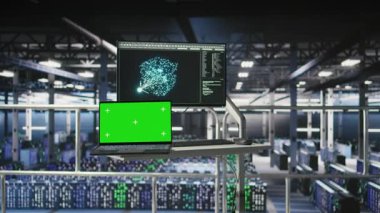 Yüksek endüstriyel veri merkezi kontrol merkezi ekranının yanındaki izole ekran bilgisayarı yapay zeka görüntülemesini gösteriyor. Sunucu çiftliğinde sinirsel ağ teşhisi gösteren krom anahtar dizüstü bilgisayar aygıtı