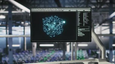 Yüksek endüstriyel veri merkezi kontrol istasyonu ekranı sunucuların yapay zeka uygulamalarına güç verdiğini gösteriyor. Nöral ağ tanılama ve altyapı performans ölçümlerini gösteren monitör