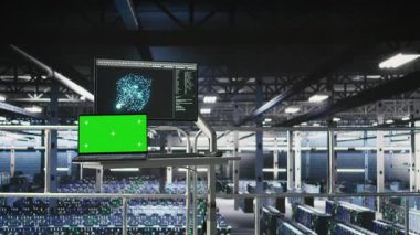 Sunucu merkezi, yapay zeka iş akışları için derin öğrenme veri tabanlarını işleyen izole edilmiş ekran izleme sistemleri. Yapay zeka modeli geliştirmeyi destekleyen Mockbook izleme ekipmanları