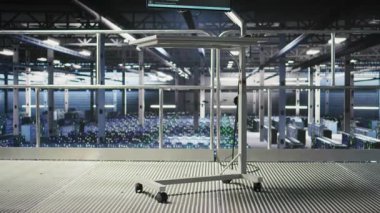 Otomatik veri merkezindeki endüstriyel platform çalışma istasyonu monitörde makine öğrenme kodu gösteriyor. Yapay zeka modellerini çalıştıran sunucu tarım sistemleri operasyonel istikrar ve algoritma verimliliğini izliyor