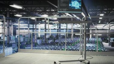 Veri merkezi endüstriyel platformundaki PC monitörü yapay zeka eğitimi için donanım durumunu gösteriyor. Workstation ekran izleme sunucuları işleme makinesi endüstriyel ortamda veri birimleri öğreniyor