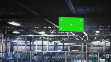 Donanım durumunu gösteren veri merkezi endüstriyel platformunda yeşil ekran modelleme monitörü. Sanayi ortamında Chroma anahtar ekran izleme sunucuları işleme makinesi öğrenme verileri