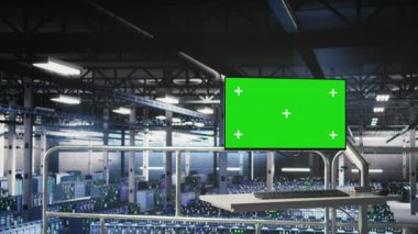 Yapay zeka sistemi izleme ve performans takibi için kullanılan yüksek teknoloji endüstriyel veri merkezindeki model bilgisayar. Bilgisayar işlemlerinde yer alan sunucu dolaplarını denetleyen yeşil ekran PC