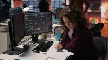 Teknoloji firması insan kaynakları çalışanı iş fırsatı için adayları analiz ediyor, yetenekleri belirlemek için özgeçmişleri gözden geçiriyor. Silikon Vadisi şirketi pozisyonu, kamera A için kadın taraması