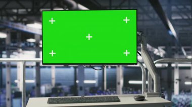 Donanım durumunu gösteren veri merkezi endüstriyel platformunda yeşil ekran modelleme monitörü. Sanayi ortamında Chroma anahtar ekran izleme sunucuları işleme makinesi öğrenme verileri