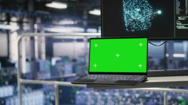 Otomatik veri merkezindeki endüstriyel platform çalışma istasyonu izole ekran bilgisayarında derin öğrenme kodu gösteriyor. Yapay zeka modellerini çalıştıran sunucu odası modelleme defteri operasyonel dengeyi izliyor