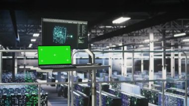 Veri merkezinde nöral ağ aktivitesi gösteren bir defter. Sunucu merkezindeki endüstriyel platformdaki otomatik altyapı yeşil ekran iş istasyonu AI makine öğrenme betiklerini gösteriyor