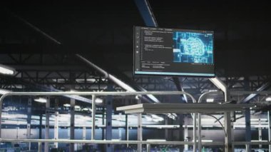 Yüksek endüstriyel veri merkezi kontrol istasyonu ekranı sunucuların yapay zeka uygulamalarına güç verdiğini gösteriyor. Nöral ağ tanılama ve altyapı performans ölçümlerini gösteren monitör