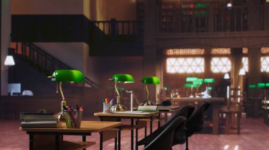 Boş, ilham verici bir kütüphane iç mimarisi miras tasarımı ve barışçıl ışıklandırma klasik bir akademik ortam. Ahşap masalar ve kitaplıklar okuryazarlık ve entellektüel uğraşlar için zamansız bir alan yaratır..