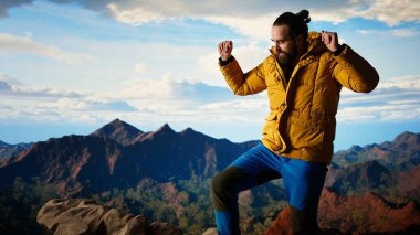 Mutlu tırmanışçı seviniyor ve kollarını gökyüzüne doğru açarken kişisel başarı ve zaferin memnuniyetini hissediyor. Göz kamaştırıcı panoramik manzara. Kamera A.