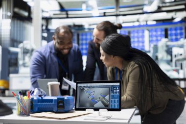 Çok ırklı iş ortakları ve mühendisler, sürdürülebilir enerji ve sanayi operasyonlarında gelecekteki gelişmeleri planlayan bir güneş teknolojisi üretim tesisinde bir tartışma için bir araya geldiler..