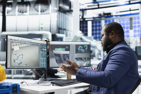 Siyah bina müteahhitleri, güneş teknolojisi sistemlerini dosya ve bilgisayar üzerinden inceleyerek montaj ve üretim hattını destekliyor. Yeşil teknoloji için sürdürülebilir çözümlere sahip modern enerji sistemleri.