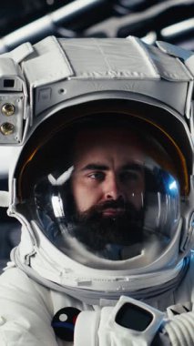 Dikey video Neşeli astronot elinde miğfer, uzayda uzay aracı kullanarak insan genleşmesi yapıyor. Yıldız gemisindeki mutlu Afrikalı Amerikalı kadın, insanoğlunun uzun vadede hayatta kalmasını destekleyen keşif gezisine hazırlanıyor.
