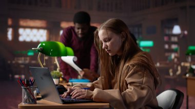 Üniversite öğrencisi, üniversitedeki akademik kütüphanede lisans diploması ile ilgili evrak işlerinde çalışırken edebiyat okumaktan büyülenmiş. Veritabanındaki ana kaynak materyallerini kullanıyor. Kamera A.