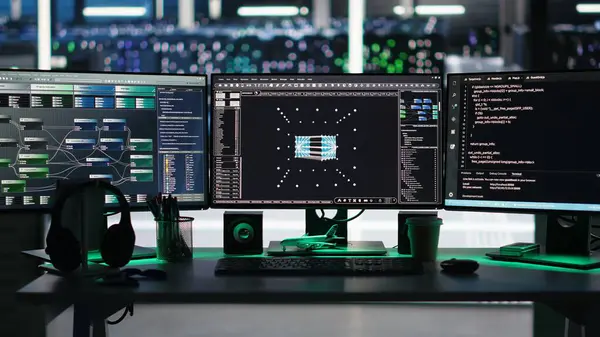 Veri merkezi izleme sistemi bütünlüğü ve altyapı performansındaki görsel programlama sistemleri. Sunucu merkezindeki bilgisayar ekranları Düğüm ağacı programlama cihazları algılama sorunları