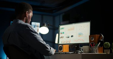 Ağ analisti bilgisayardaki dijital ticaret ilerleme raporlarını inceliyor, kazancı artırmak ve hissedar desteği kazanmak için evde çalışıyor. Uzman şirket bilgilerini analiz eder. Kamera A.