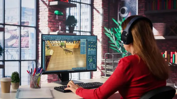 Evde oturan bir kadın, mimari yazılımdan faydalanarak bir apartman planının 3D görüntüsünü yaratıyor. Geliştirici ayrıntılı ev tasarımı, yerleştirme varlıkları için dijital araçlar kullanır. Kamera B.