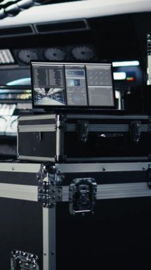 Uzay istasyonundaki dikey video dizüstü bilgisayar Mars 'a kozmik yolculuk sırasında detaylı görev analiz panelini gösteriyor. Yıldız gemisindeki defter, yaklaşan dünya dışı kızıl gezegen keşfi için okuma yapıyor.