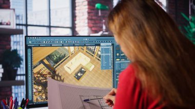 Grafik sanatçısı, mimari yazılım ve planlar kullanarak bir iç mekanın 3D görüntüsünü oluşturur. Program, sanal bir düzen için mobilya ve diğer tasarım elemanlarını yapılandırmayı sağlar. Kamera B.