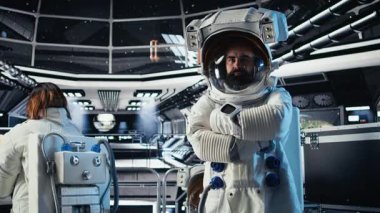 Uzay istasyonu dışında planlanan operasyonlara çıkmadan önce kask takan astronot portresi. Uzay gemisinde kozmonot kıyafetli bir adam uzak gezegen yüzeyine yaklaşıyor, kamera A