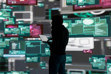 Siber suçun kavramsal temsili, erkek hacker 'ın sistem savunmasızlığını kullanması, programlama tekniği ve takibi kullanarak dijital savunmaları aşması ve bilgi sızdırması..