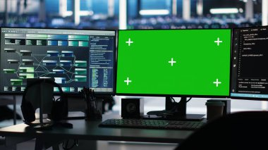 Veri merkezi izleme altyapı performansında yeşil ekrandaki görsel programlama sistemleri. Sunucu merkezinde krom anahtar görüntüleme düğümlü ağaç programlama cihazları algılama sorunları