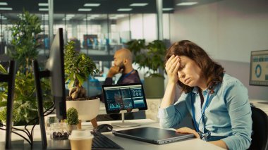 Raporları kontrol ettikten sonra finansal rakamları PC 'ye yükleyen yoğun modern girişim acentesinin muhasebecisiyim. Modern ofiste çalışan odaklanmış iş kadını, çapraz veriler, kamera B