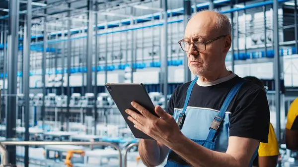 Endüstriyel fabrika kıdemli mühendisi sektör 4.0 otomatik iş akışı ve kontrol sistemlerini uygulayarak işlemleri bilgisayara geçiriyor. Yaşlı uzman sensörleri üretime entegre ediyor. Kamera. Yakın plan.