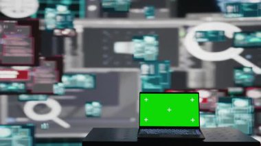 Laptop 'ta yeşil ekranlı boş bir sahne karanlık web' de kuantum tehdidi, sistem geçersiz kılma ve kimlik hırsızlığı olan bir siber suç için yer gösteriyor. Veri çalmak için şifre kırıyorum. Kamera B.