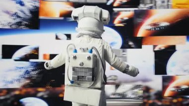 Uzay adamı yıldızlarla ve geniş galaksiyle çevrili bir uzay görevinde bilim ve keşif sergiliyor. İçinde miğfer taşıyan bir astronot evrende seyahat ediyor, insan merakı. Kamera B.