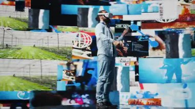 Modern havalı adam sanal gerçeklik gözlüklerini 3 boyutlu web bağlantısı için kullanıyor, sosyal medya bağlantıları için vr simülasyon yeniliği sergiliyor. Görüntü üzerine görsel hikaye anlatımı üzerinde çalışıyorum. Kamera B.