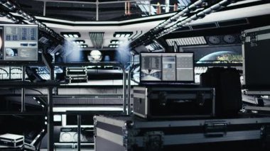 Analiz ve görev telemetri yazılımını gösteren yüksek teknolojili uzay gemisi kokpitinin içindeki dizüstü bilgisayar. Yörünge istasyonundaki defter kozmik navigasyon sırasında performans göstergesi