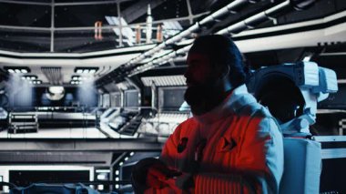 Yıldız gemisi astronotu, gözleri, yabancı gemiden gelen ışığı engelleyen kokpiti su basmasından koruyor. Tedbirli kozmonot, dünya dışı varlıklarla ilk teması bekliyor. Yaklaşan uzay istasyonu, kamera A