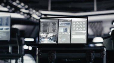 Yüksek teknolojili uzay gemisi kontrol bölmesinde bulunan dizüstü bilgisayar tanılama ve görev telemetrisi gösteriyor. Yörünge istasyonundaki dizüstü bilgisayar monitörü performans ölçümlerini ve sistem navigasyon desteğini gösterir