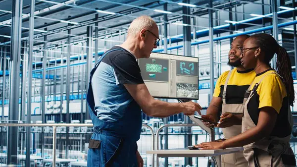 Deneyimli takım lideri, 4.0 fotovoltaik fabrikasında yeni öğrencilere indüksiyon yapıyor. Akıllı güneş panelleri fabrikasında kıdemli mühendis stajyerlere güç üretimini arttırmayı öğretiyor, kamera A